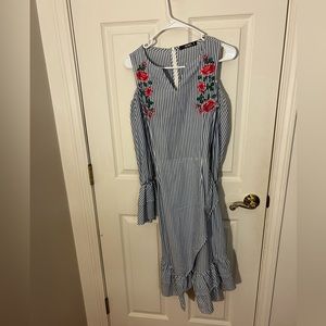 Blue and white striped midi dress flower embroidered, XOXO brand, size medium